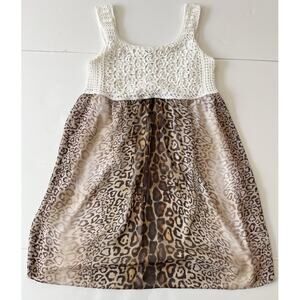 V Christina Dress L White Crochet Animal Print Flare Midi Beachy Boho Sleeveless